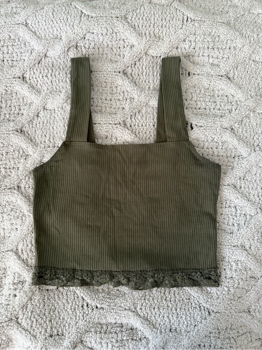 American Eagle Outfitters Olive Ribbed Lace-Trim Crop Tank
